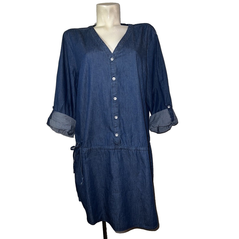 New Gap Chambray Denim Button Front Drawstring Waist Midi Dress Women's XXL Blue
